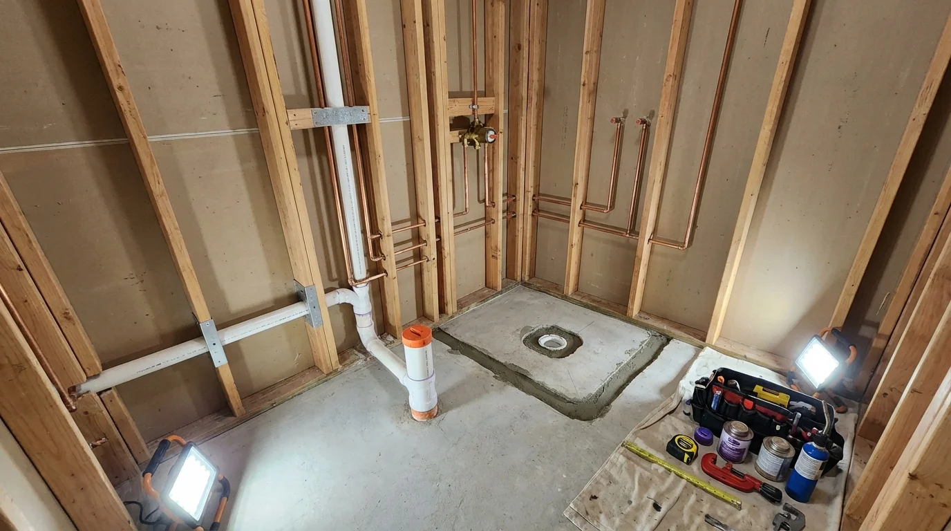 Bathroom rough-in plumbing during remodel by Johns Plumbing LLC in Goshen