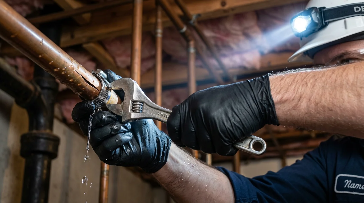Emergency pipe clamp repair being performed by a Johns Plumbing LLC plumber in Goshen